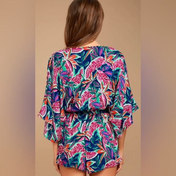 Lulus Hypnotized Purple Gauzy Tropical Print Faux Wrap Romper w Kimono Sleeves - Picture 8 of 11